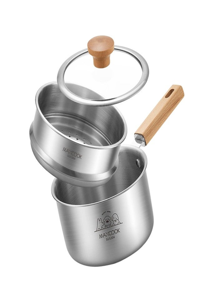 MAX COOK MAXCOOK 18/8 Stainless Steel Sauce Pan with Steamer 2.6 Quart Saucepan with Lid Wooden Handle Suitable for Induction Dishwasher Safe - Image 1